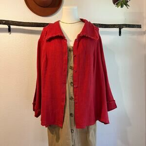 FLAX Red 100% Linen Textured Fringe Trim Oversized Button Front Jacket Size 1X